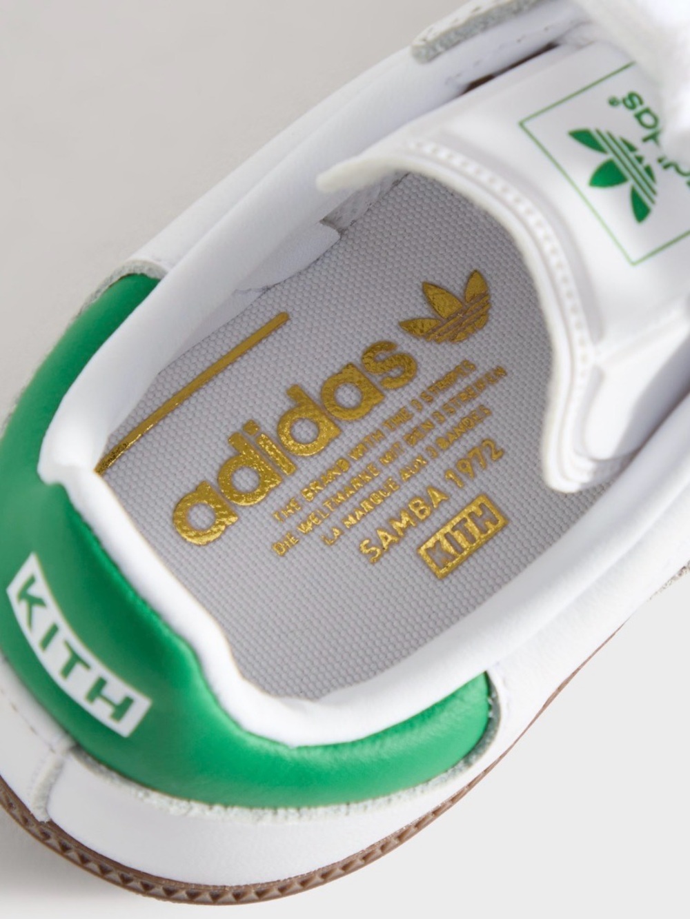 Kith x Adidas Kids Samba Sneakers in White and Green with Gold Branding